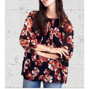 Madewell Top S Small Black Floral Faux Silk Washable 3/4 Long Sleeve Flowy $108
